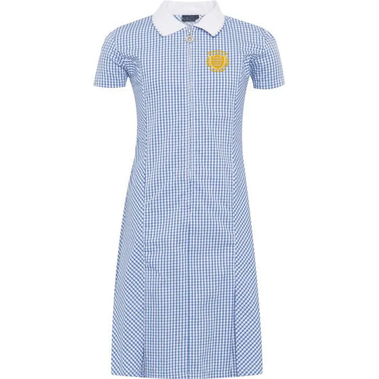 Blue Zip Front Gingham Dress - Left Chest Embroidered