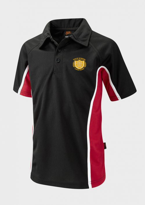 Black/Scarlet/White Unisex Sports Polo Shirt - Left Chest Embroidered