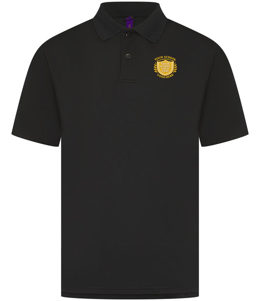 A black short-sleeve polo shirt with a gold embroidered crest on the left chest, displayed on a clean white background.