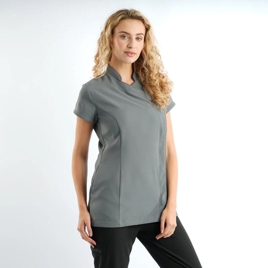 Charcoal Grey Ladies Asymmetrical Zip Tunic - Right Chest Print