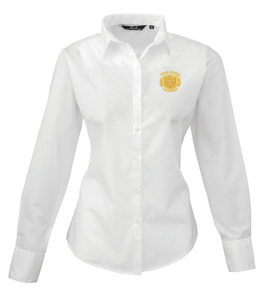 White Ladies Long Sleeve Poplin Shirt - Left Chest Embroidered