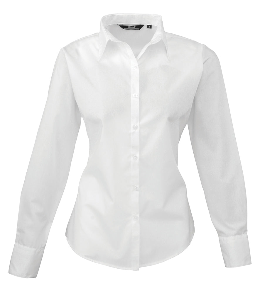 White Ladies Long Sleeve Poplin Shirt - Left Chest Embroidered