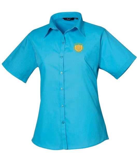 Turquoise Ladies Short Sleeve Blouse - Left Chest Embroidered