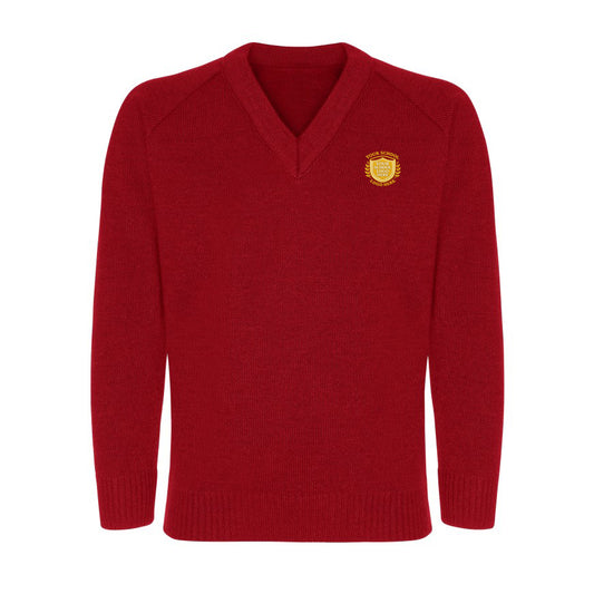 Red Classic Knitted V-Neck Sweater - Left Chest Embroidered