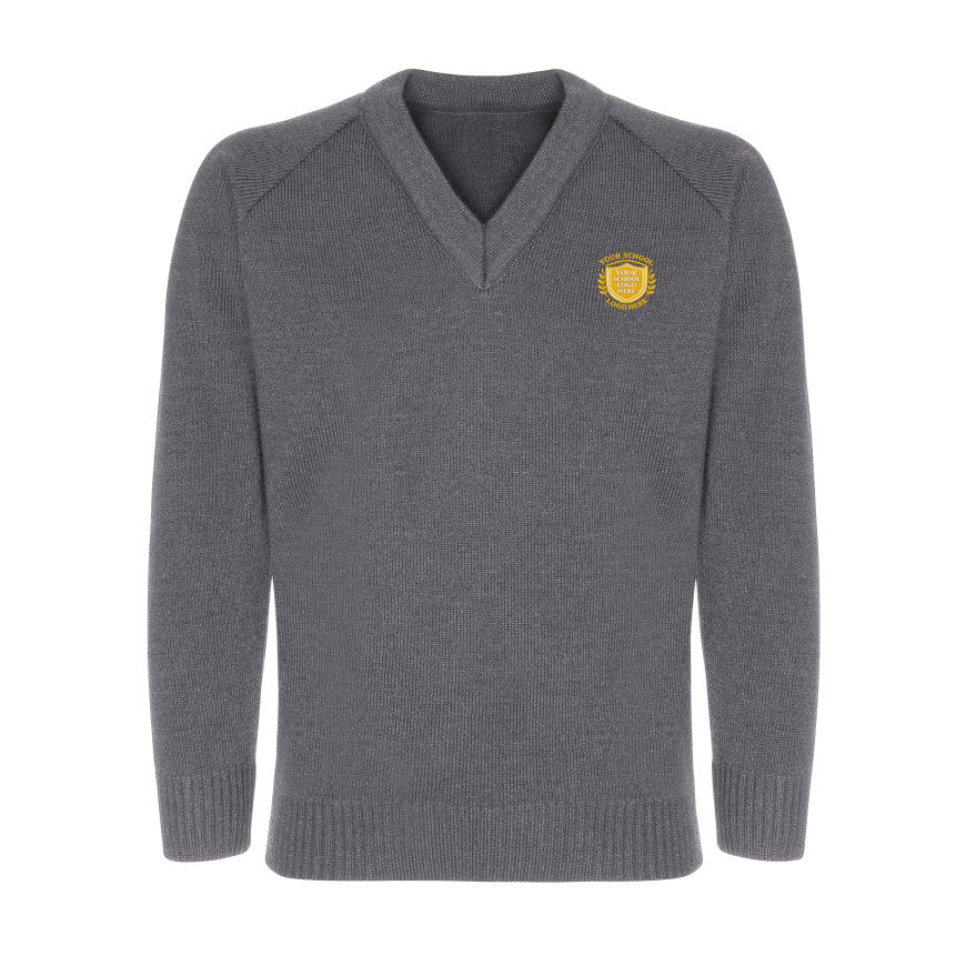 School Grey Classic Knitted V-Neck Sweater - Left Chest Embroidered