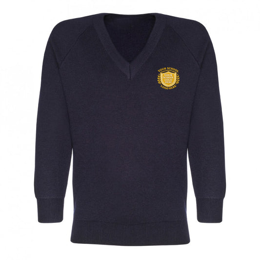 Navy Cotton Blend V-Neck Knitted Jumper - Left Chest Embroidered