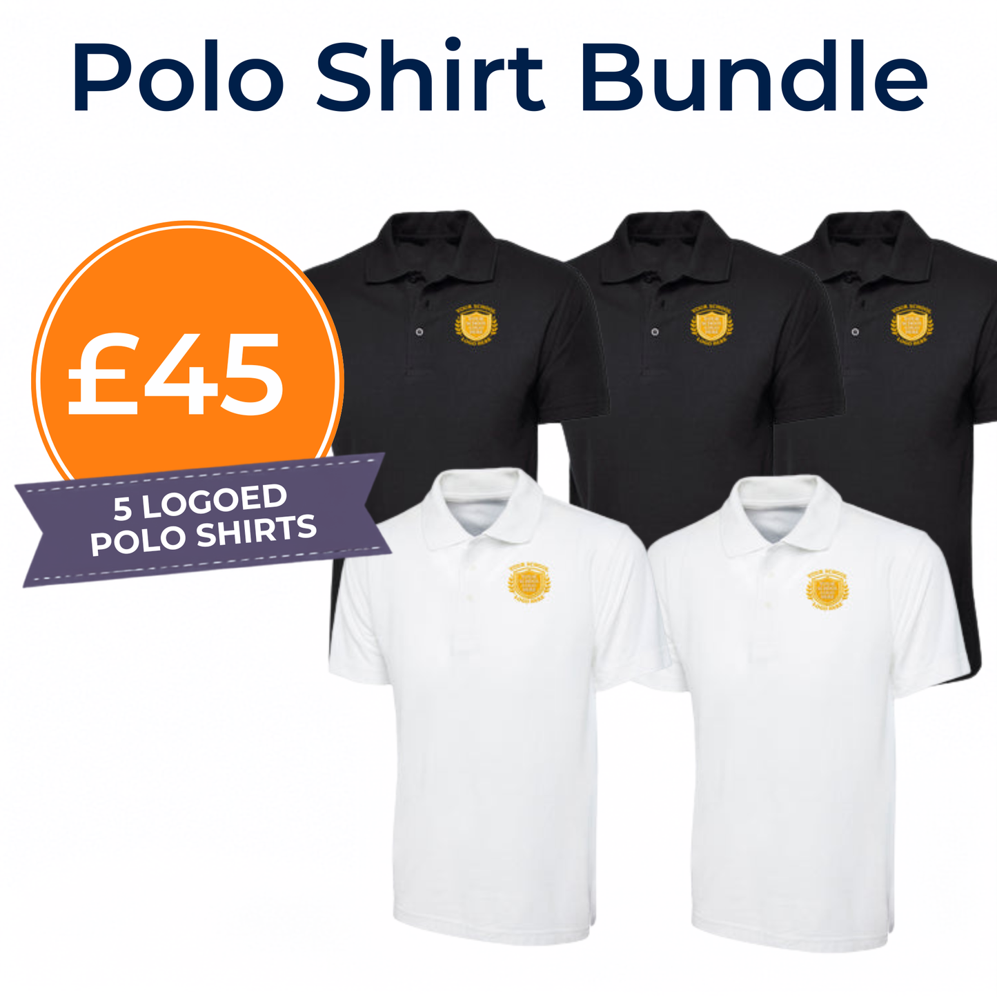 Combo 3 Black, 2 White 50/50 Cotton Blend Polo Shirt - Left Chest Embroidered