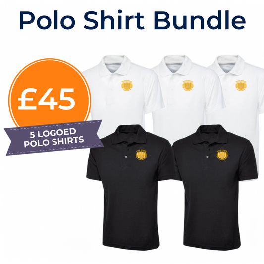 Combo 2 Black, 3 White 50/50 Cotton Blend Polo Shirt Bundle - Left Chest Embroidered