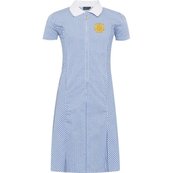 Blue Zip Front Gingham Dress - Left Chest Embroidered
