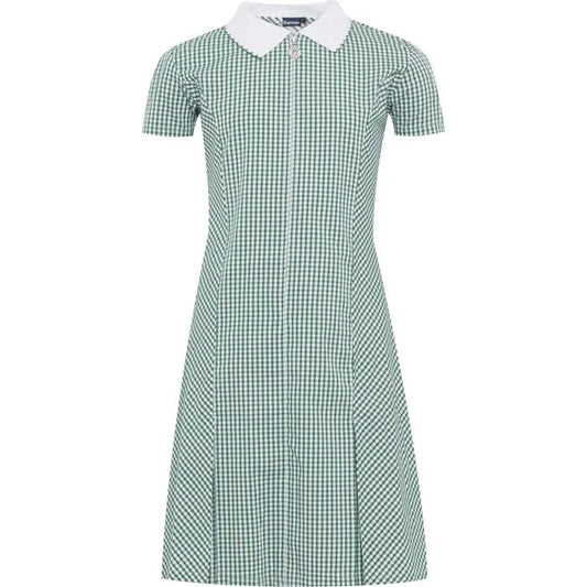 Green Zip Front Gingham Dress - Left Chest Embroidered