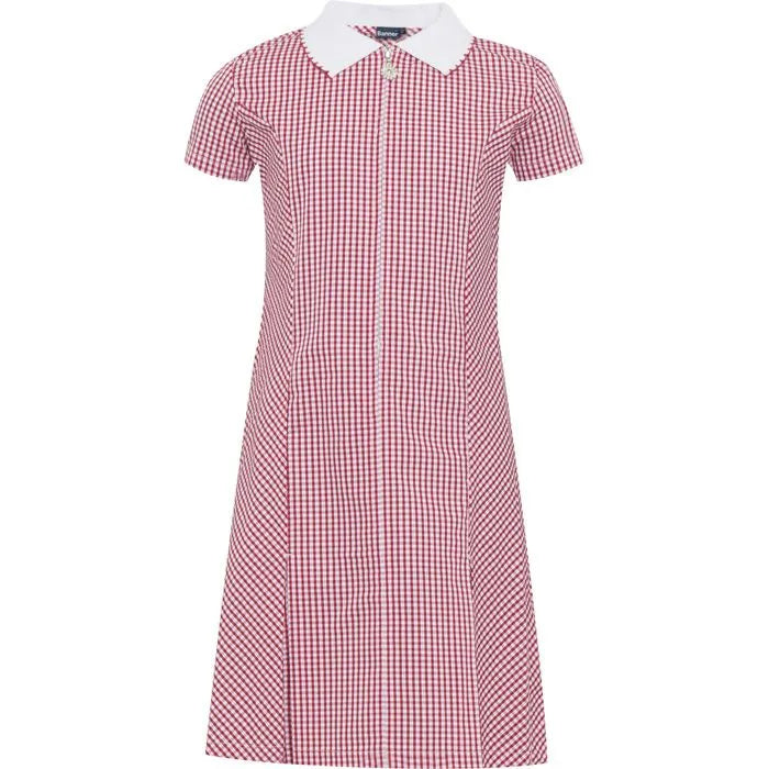 Red Zip Front Gingham Dress - Left Chest Embroidered