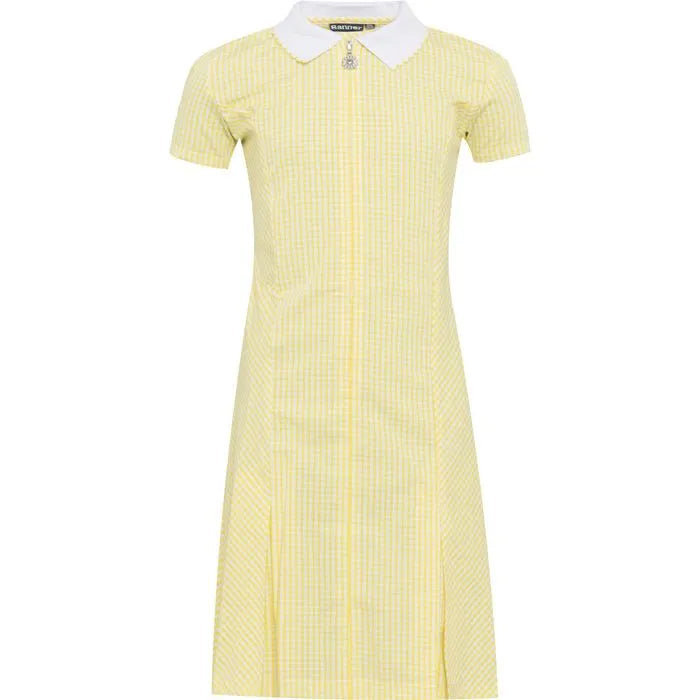 Yellow Zip Front Gingham Dress - Left Chest Embroidered
