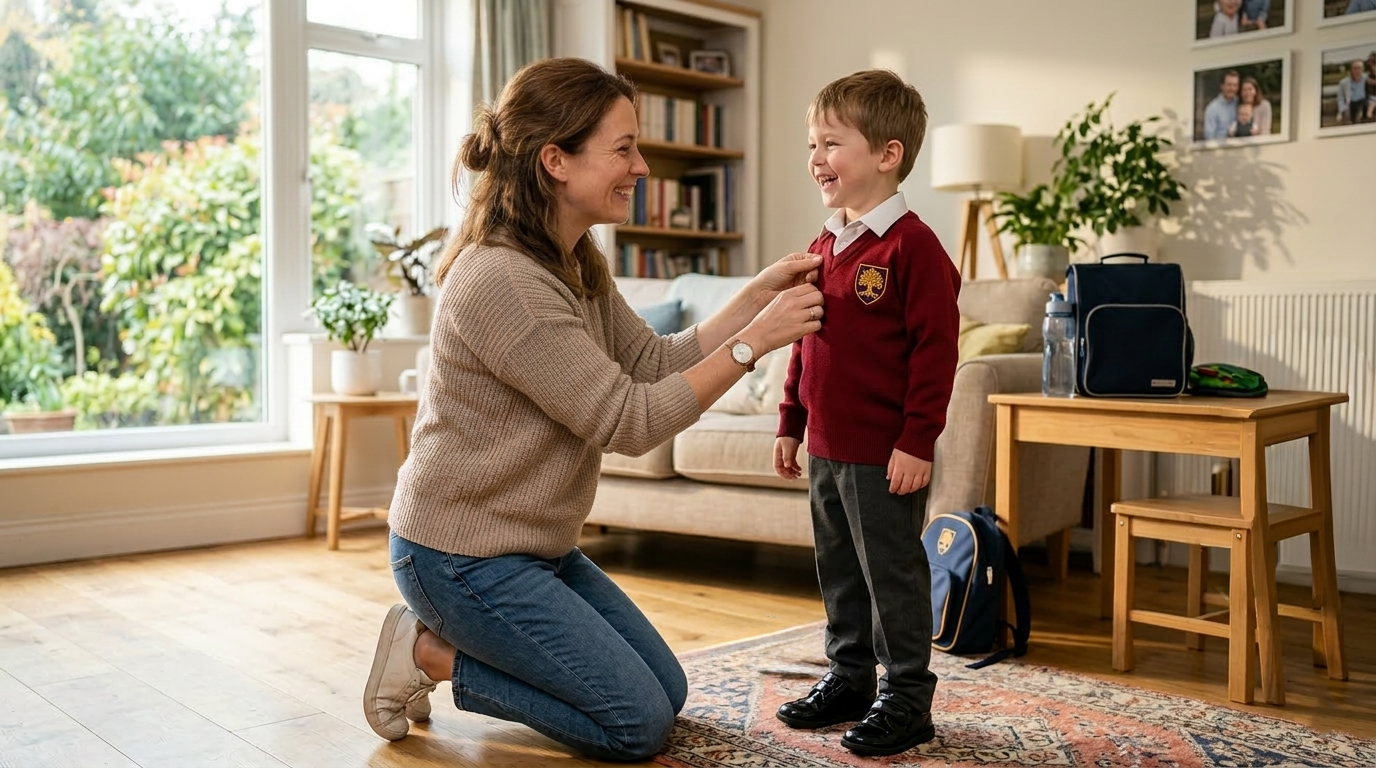 Woman adjusting a school uniform on a young boy in a living room.