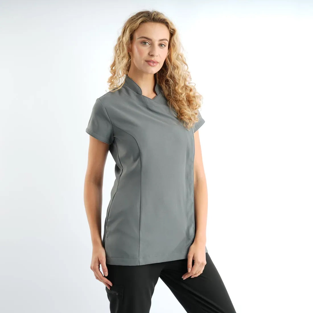 Charcoal Grey Ladies Asymmetrical Zip Tunic - Right Chest Print