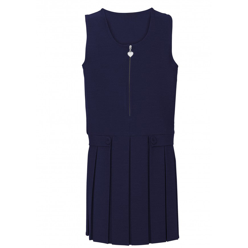 Navy Zip Front Pleated Pinafore Dress