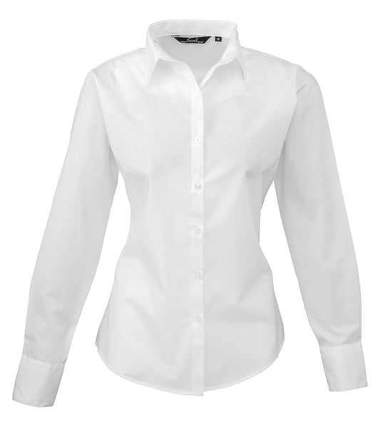 White Ladies Long Sleeve Poplin Shirt - Left Chest Embroidered