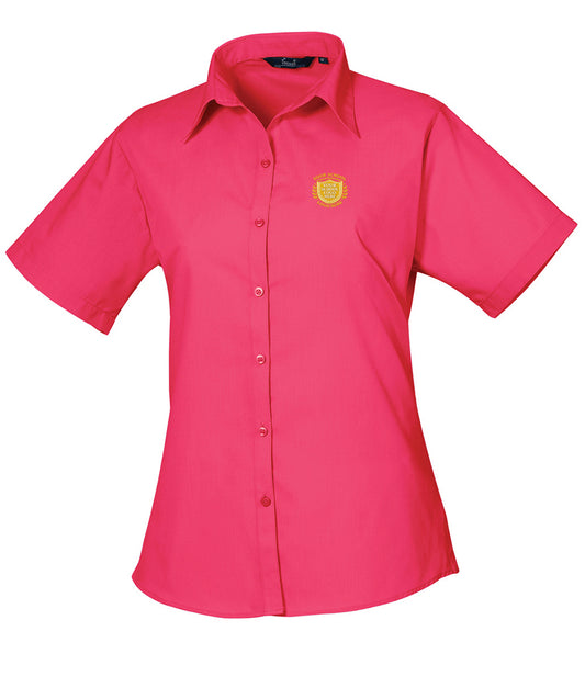 Hot Pink Ladies Short Sleeve Blouse - Left Chest Embroidered