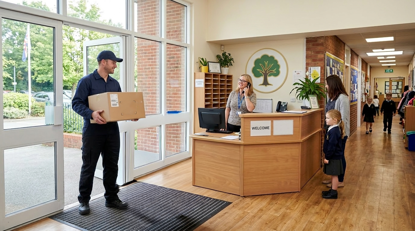 Person with a package outside a building with a reception desk inside