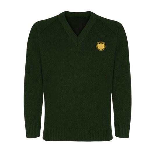 Bottle Green Classic Knitted V-Neck Sweater - Left Chest Embroidered