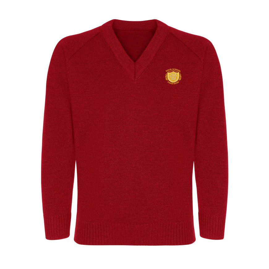 Red Classic Knitted V-Neck Sweater - Left Chest Embroidered