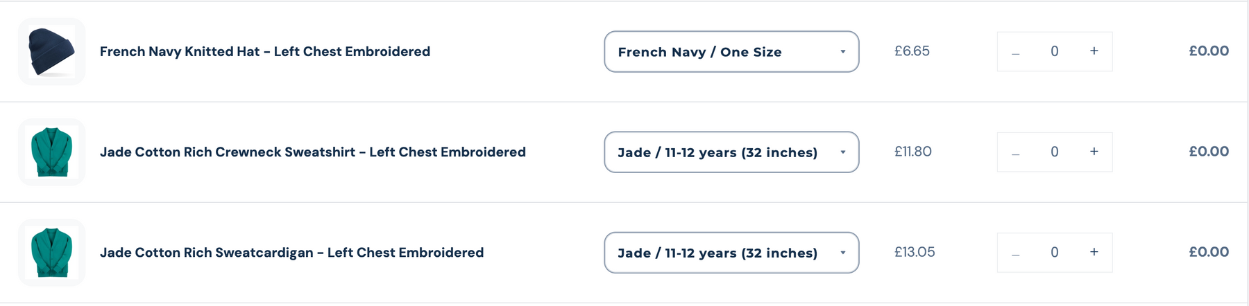 Select sizes and quantities